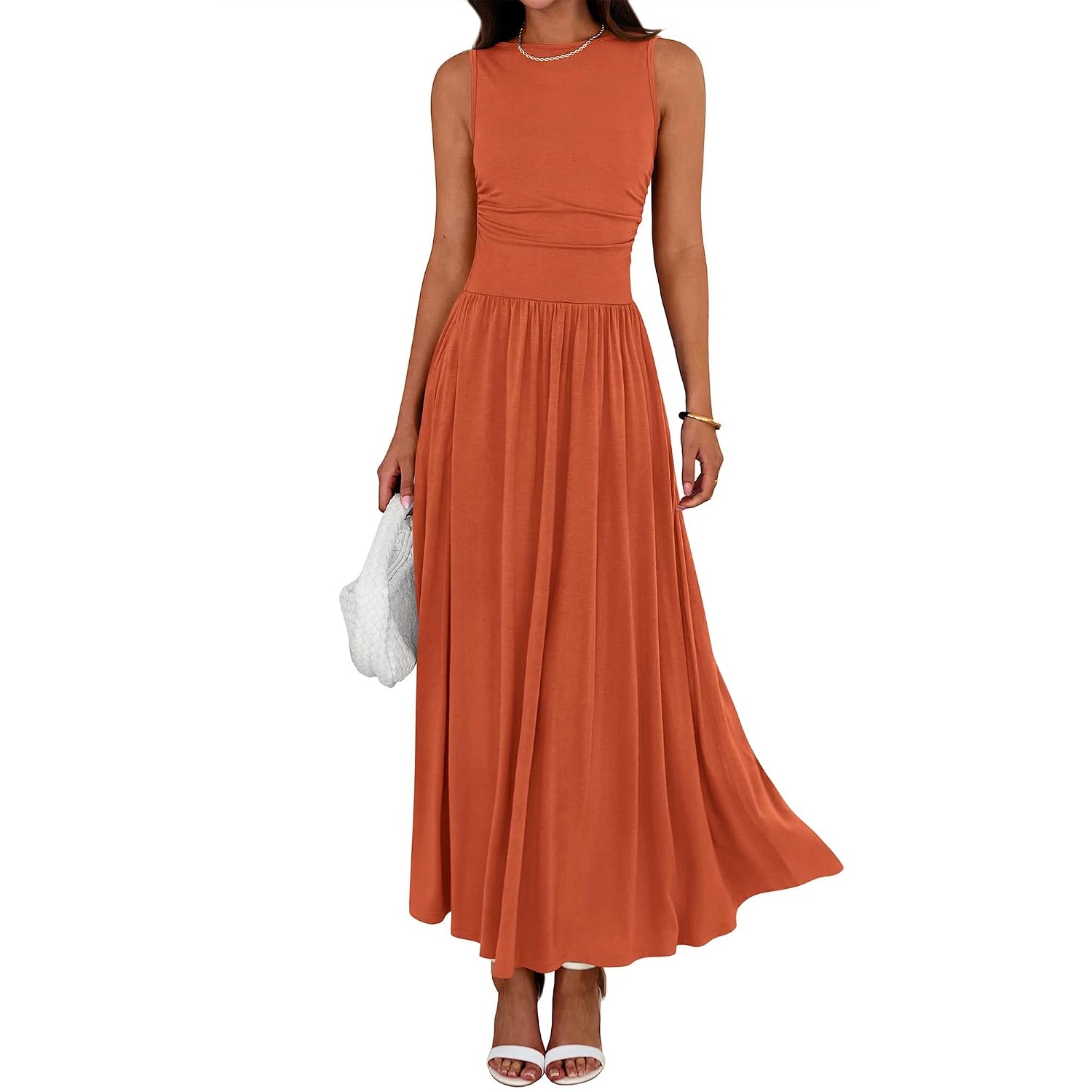 Casual Sleeveless Ruched High Rise Long Dress For Women