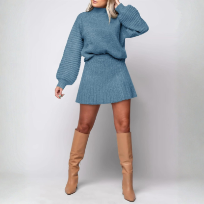 2 Piece Ribbed Knit Puff Sleeve Sweater Top And Mini Skirt Outfit Set