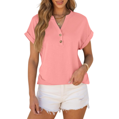 Womens Short Sleeve Henley Tops V Neck Dressy Casual Blouses Summer Trendy Tee Shirts 2026 Vacation Fashion Clothes