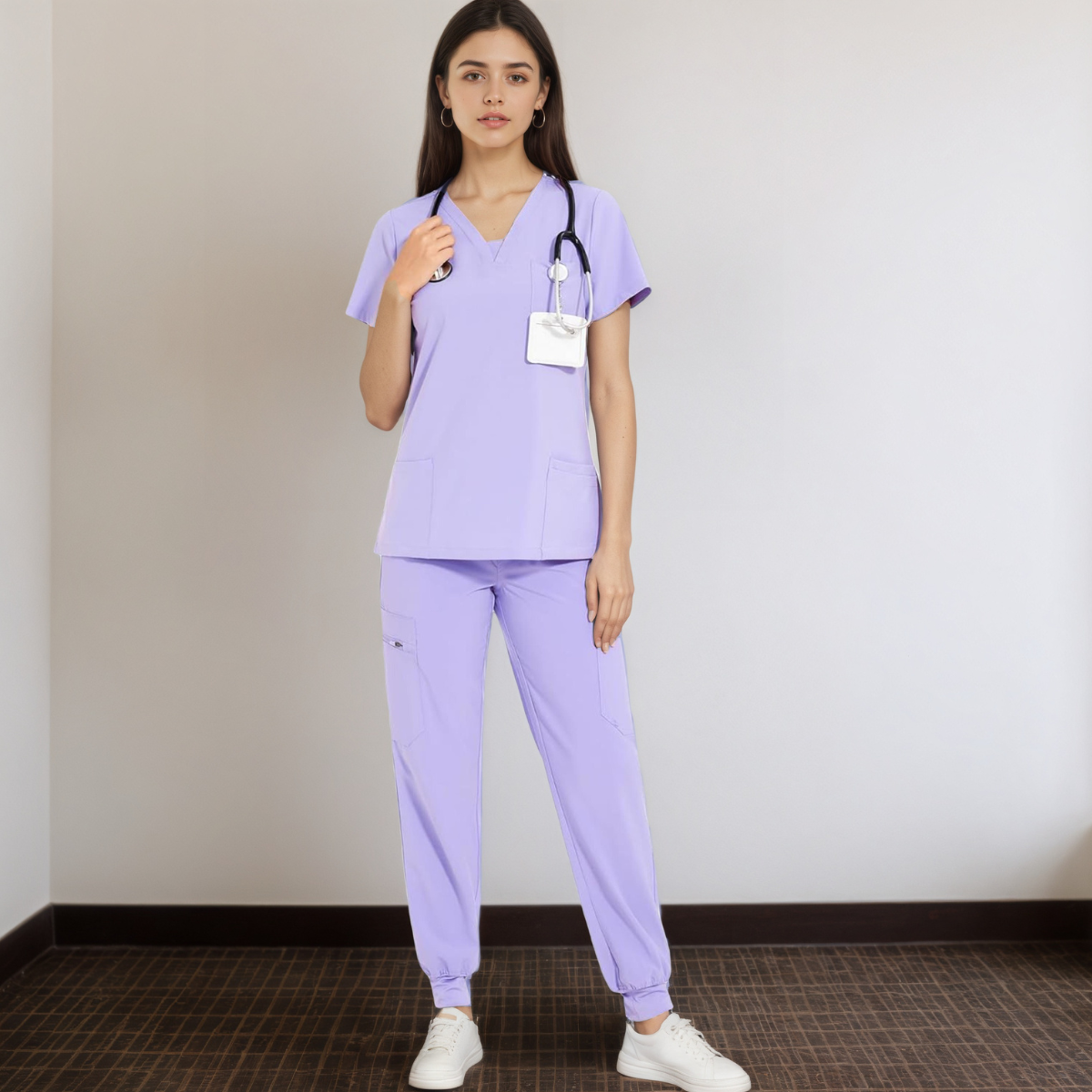 Women V Neck Top And Cargo Pants Scrubs Set