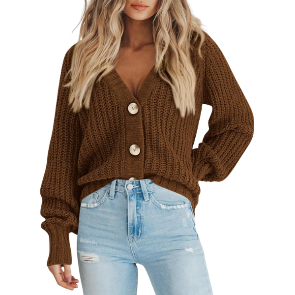 Women's Chunky Knit Open Front Sweater Long Sleeve Button Loose Short Cardigan Outerwear Coats
