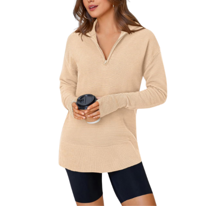 Womens Long Sleeve Quarter Zip Pullover Sweater Casual Loose V Neck Collared Ribbed Knit Jumper Tops Thumb Hole