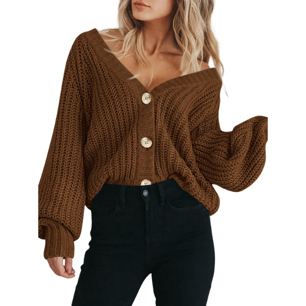 Women's Chunky Knit Open Front Sweater Long Sleeve Button Loose Short Cardigan Outerwear Coats