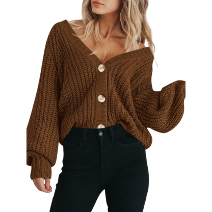 Women's Chunky Knit Open Front Sweater Long Sleeve Button Loose Short Cardigan Outerwear Coats