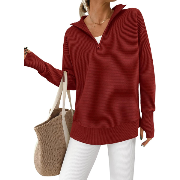 Womens Long Sleeve Quarter Zip Pullover Sweater Casual Loose V Neck Collared Ribbed Knit Jumper Tops Thumb Hole