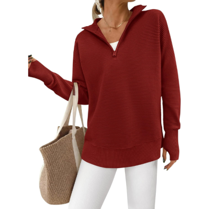 Womens Long Sleeve Quarter Zip Pullover Sweater Casual Loose V Neck Collared Ribbed Knit Jumper Tops Thumb Hole