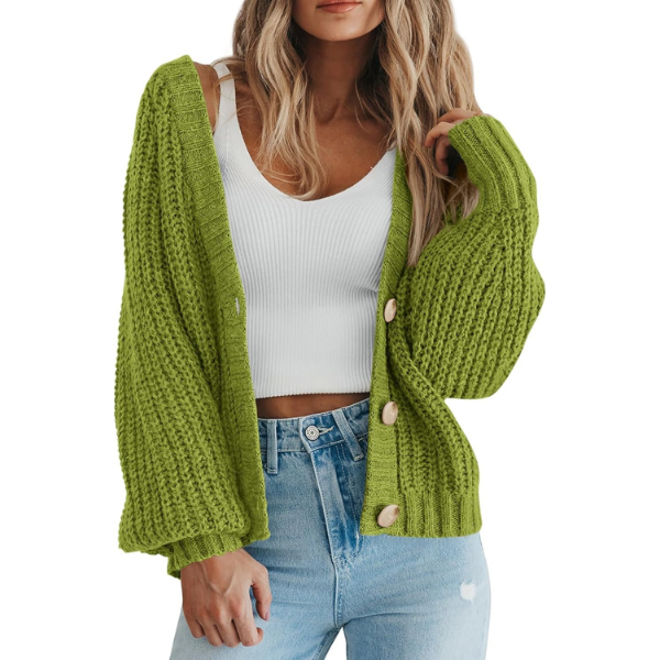 Women's Chunky Knit Open Front Sweater Long Sleeve Button Loose Short Cardigan Outerwear Coats