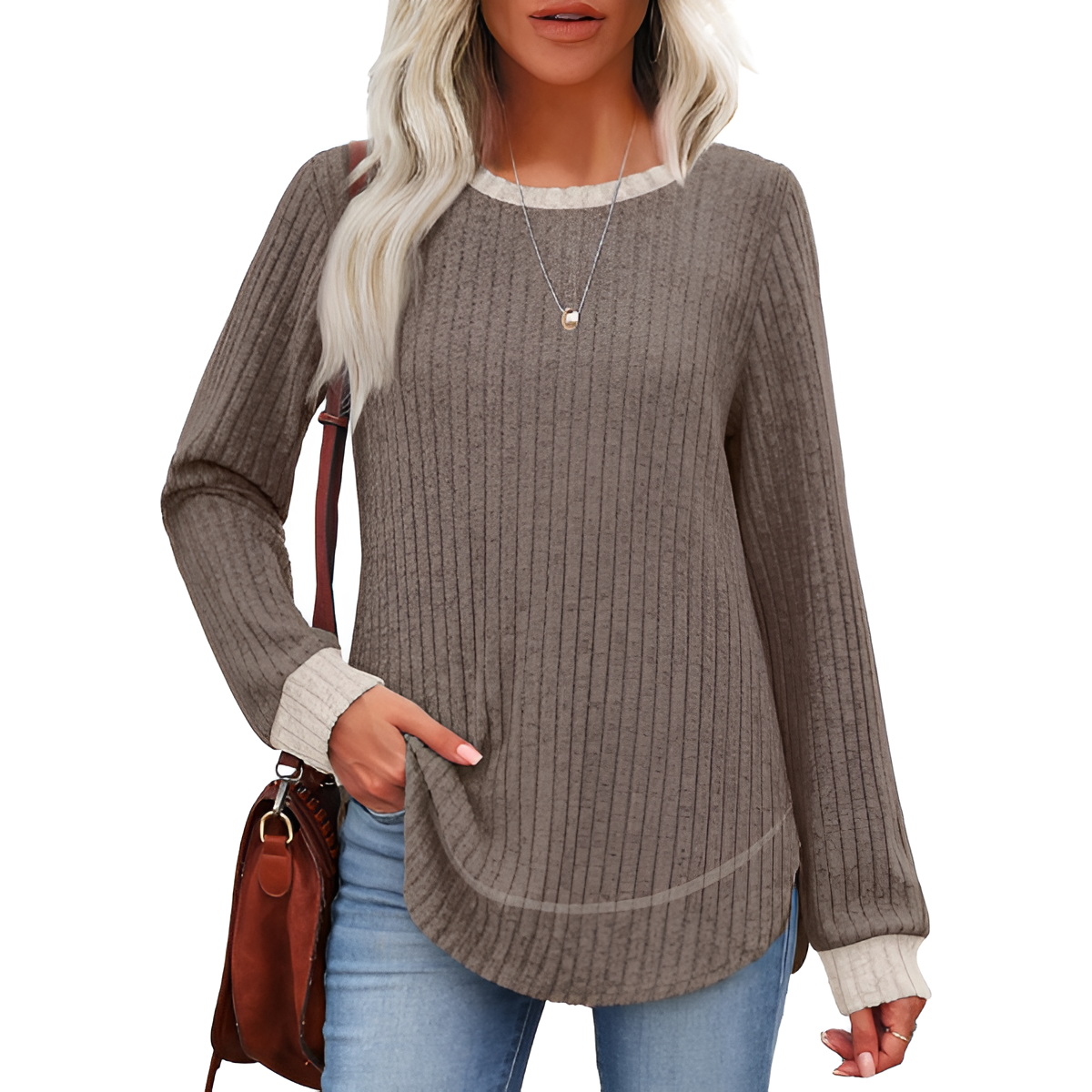 Tunic Tops for Women Loose Fit Dressy Long Sleeve Shirts Womens Sweaters Crew Neck Fall Clothing with Curved Hem