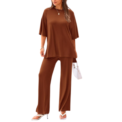2 Piece Summer Lounge Set With Short Sleeve Top And Pants For Women