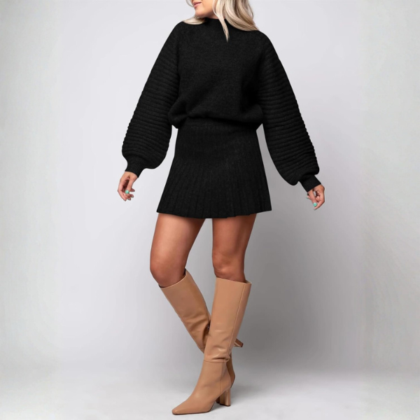 2 Piece Ribbed Knit Puff Sleeve Sweater Top And Mini Skirt Outfit Set