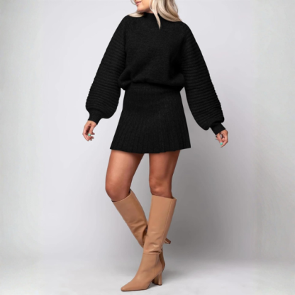 2 Piece Ribbed Knit Puff Sleeve Sweater Top And Mini Skirt Outfit Set