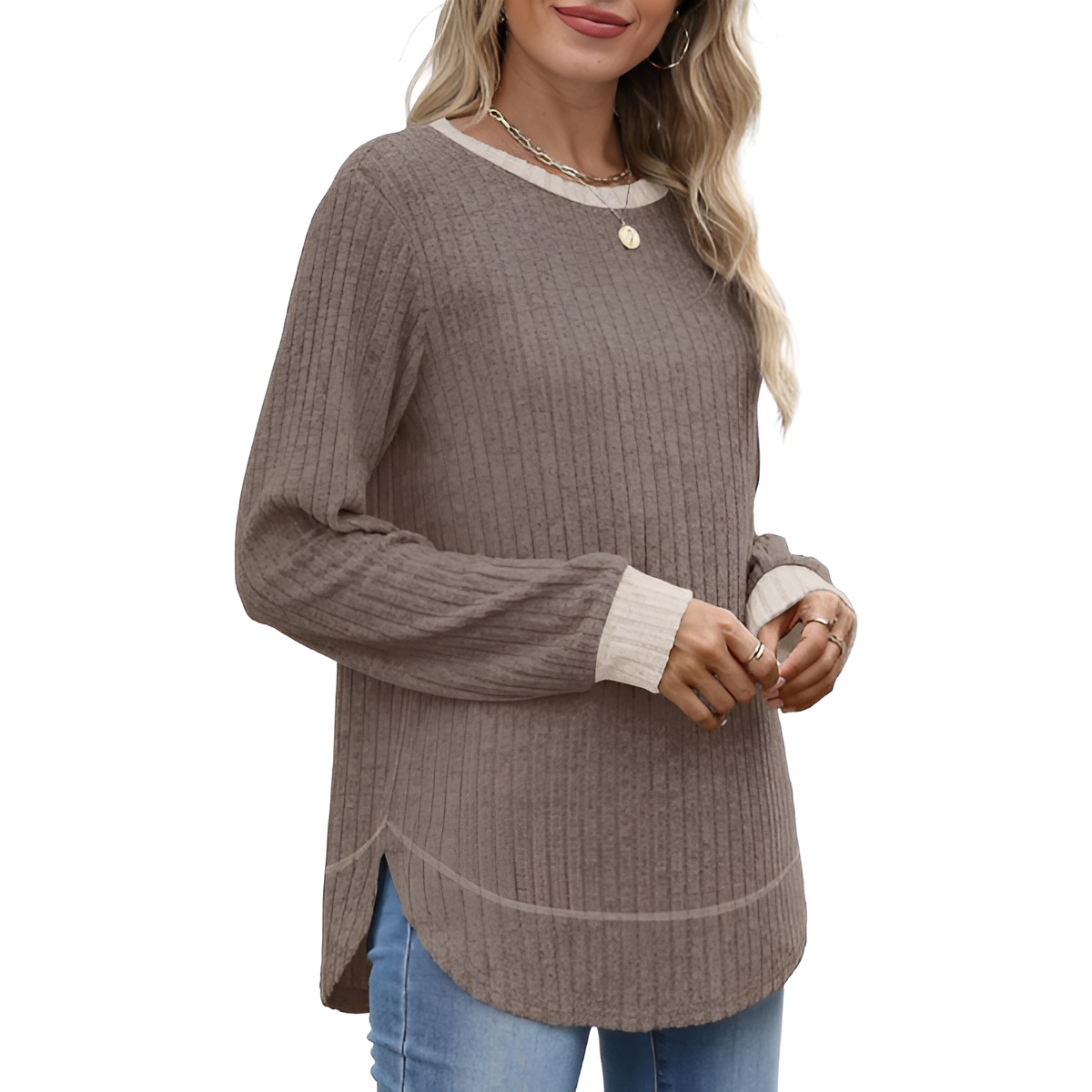 Tunic Tops for Women Loose Fit Dressy Long Sleeve Shirts Womens Sweaters Crew Neck Fall Clothing with Curved Hem