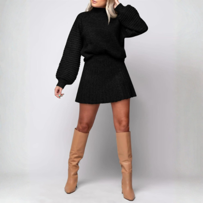 2 Piece Ribbed Knit Puff Sleeve Sweater Top And Mini Skirt Outfit Set