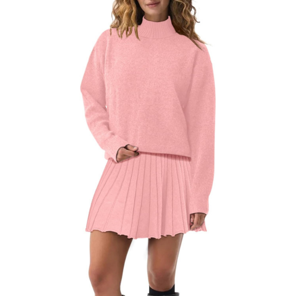 Women's Two Piece Outfits Turtleneck Long Sleeve Ribbed Knit Tops Pleated Mini Skirt 2026 Casual Sweater Sets