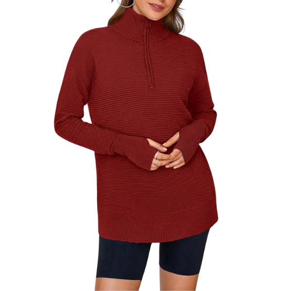 Womens Long Sleeve Quarter Zip Pullover Sweater Casual Loose V Neck Collared Ribbed Knit Jumper Tops Thumb Hole