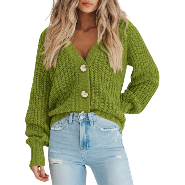 Women's Chunky Knit Open Front Sweater Long Sleeve Button Loose Short Cardigan Outerwear Coats