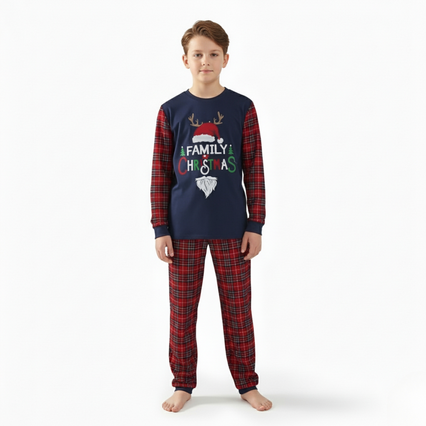 Santa Hat Reindeer Family Christmas Printed Matching Plaid Pajama Set