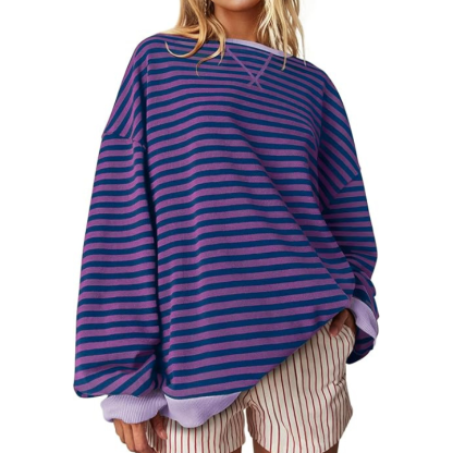 Women Oversized Striped Crewneck Sweatshirt Long Sleeve