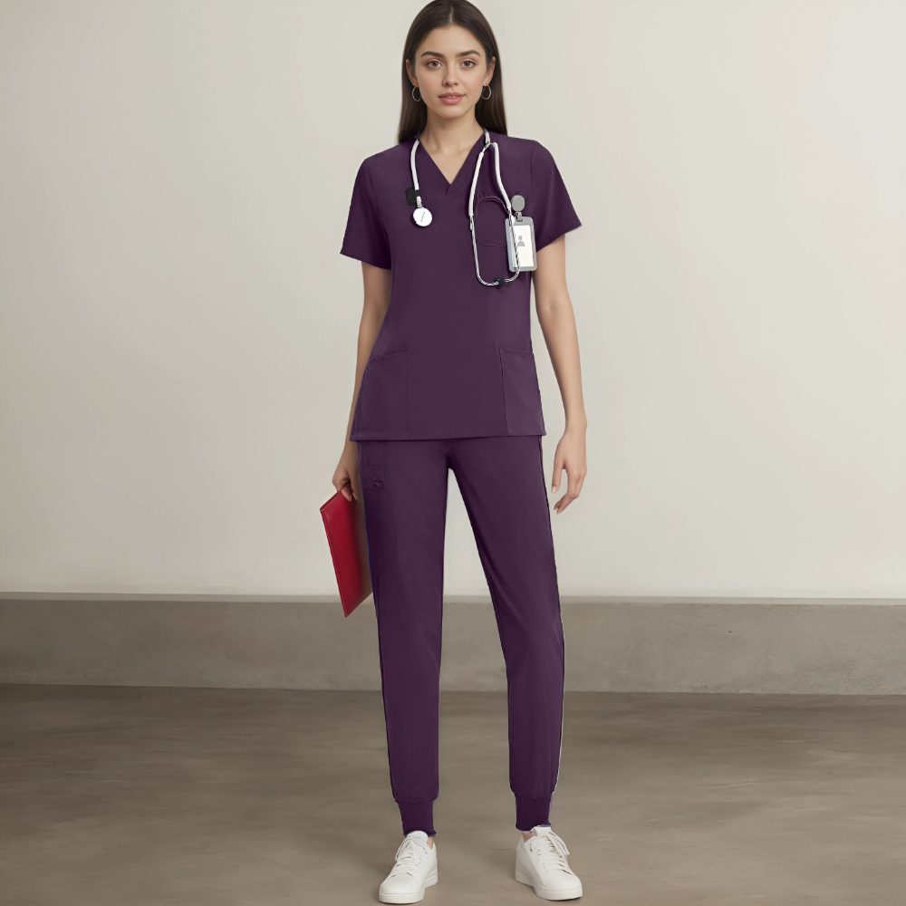 Stretchy V Designed Scrubs Top And Yoga Jogger Pants For Women