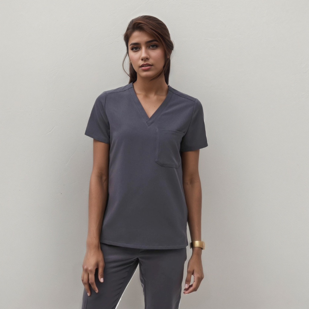 Classic Women Scrub Top With Short Sleeves And Single Chest Pocket