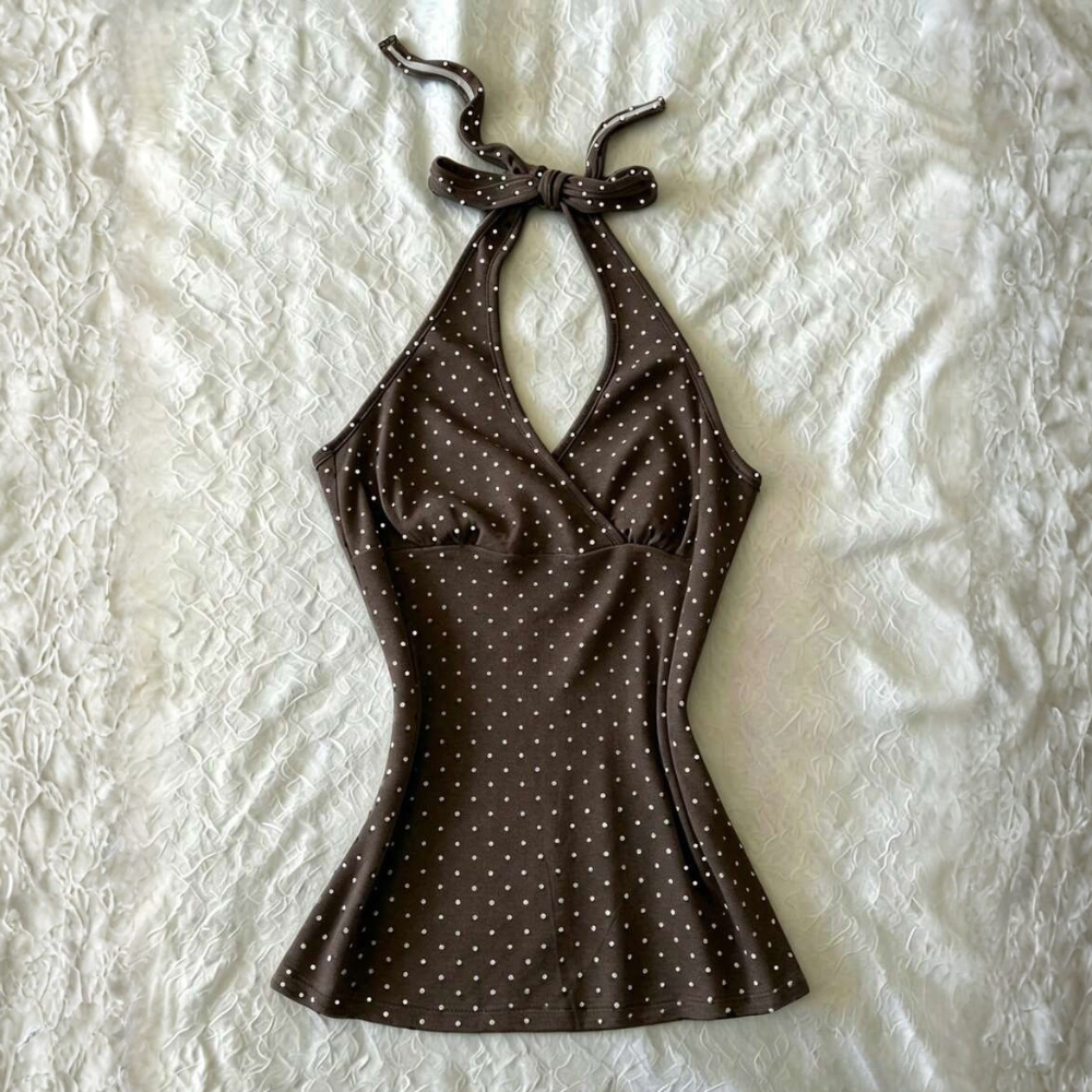 Polka Dot Digital Print Halter Neck Tie Back Tank Tops