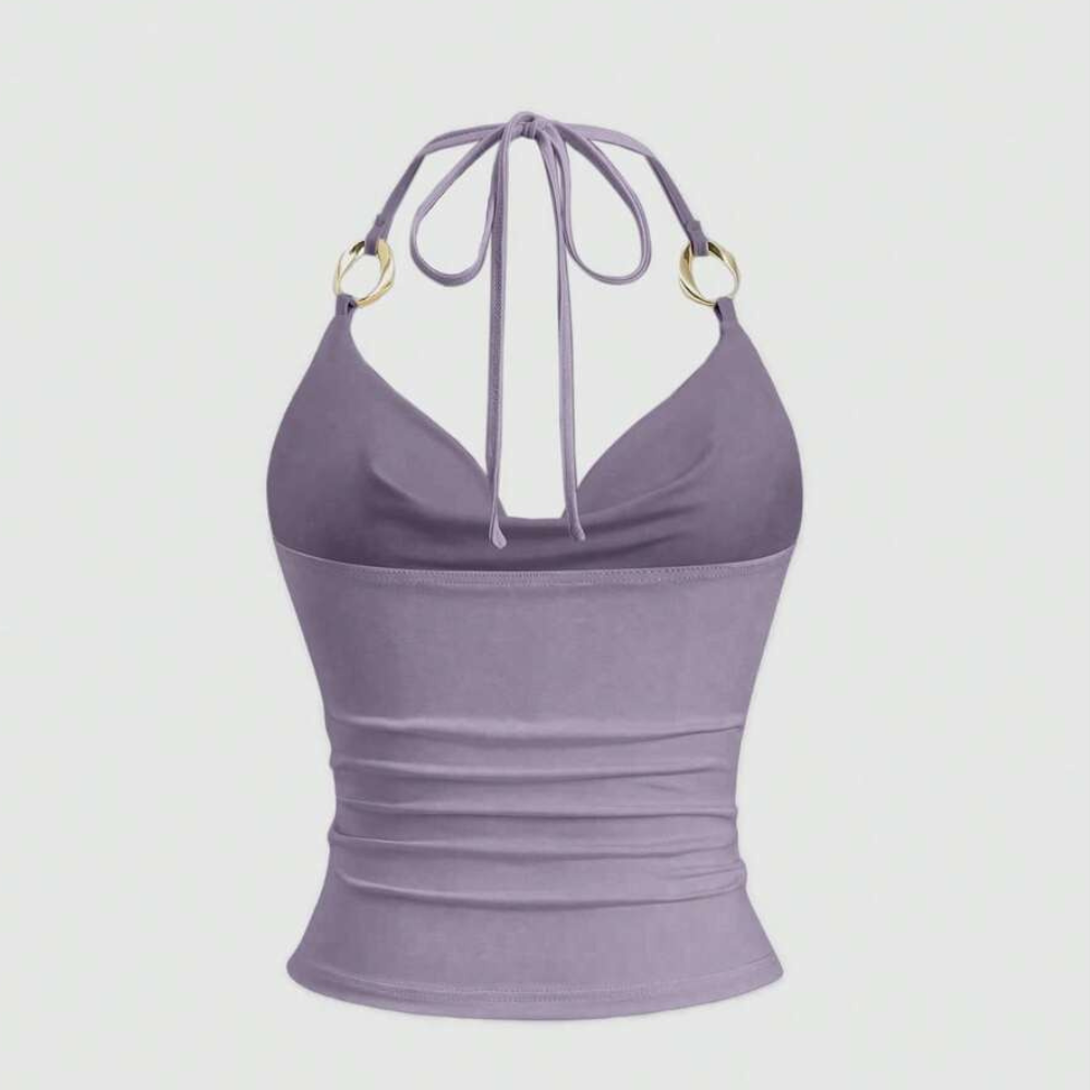 Ring Decor Draped Neck Tie Strap Tank Top