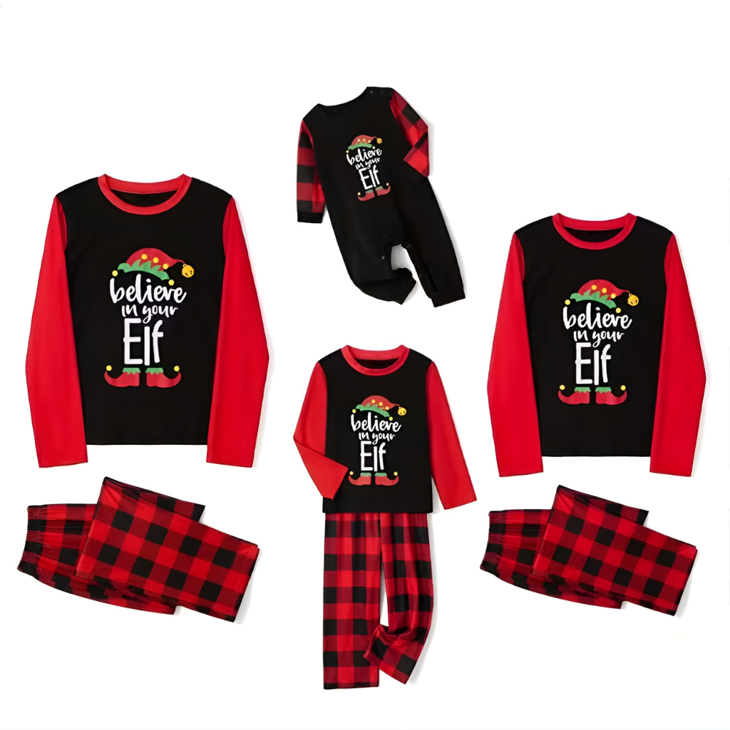 Christmas Letter and Plaid Printed Long Sleeve Tee and Bottom Loungewear Family Matching Pajama Sets