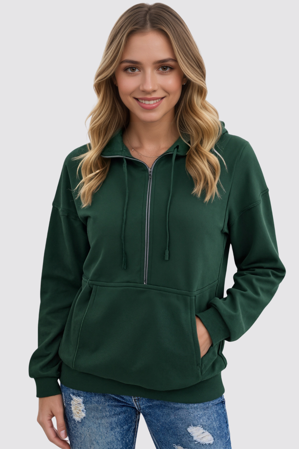 Casual Long Sleeve Lapel Zipper Drawstring Loose Pullover Sweatshirt