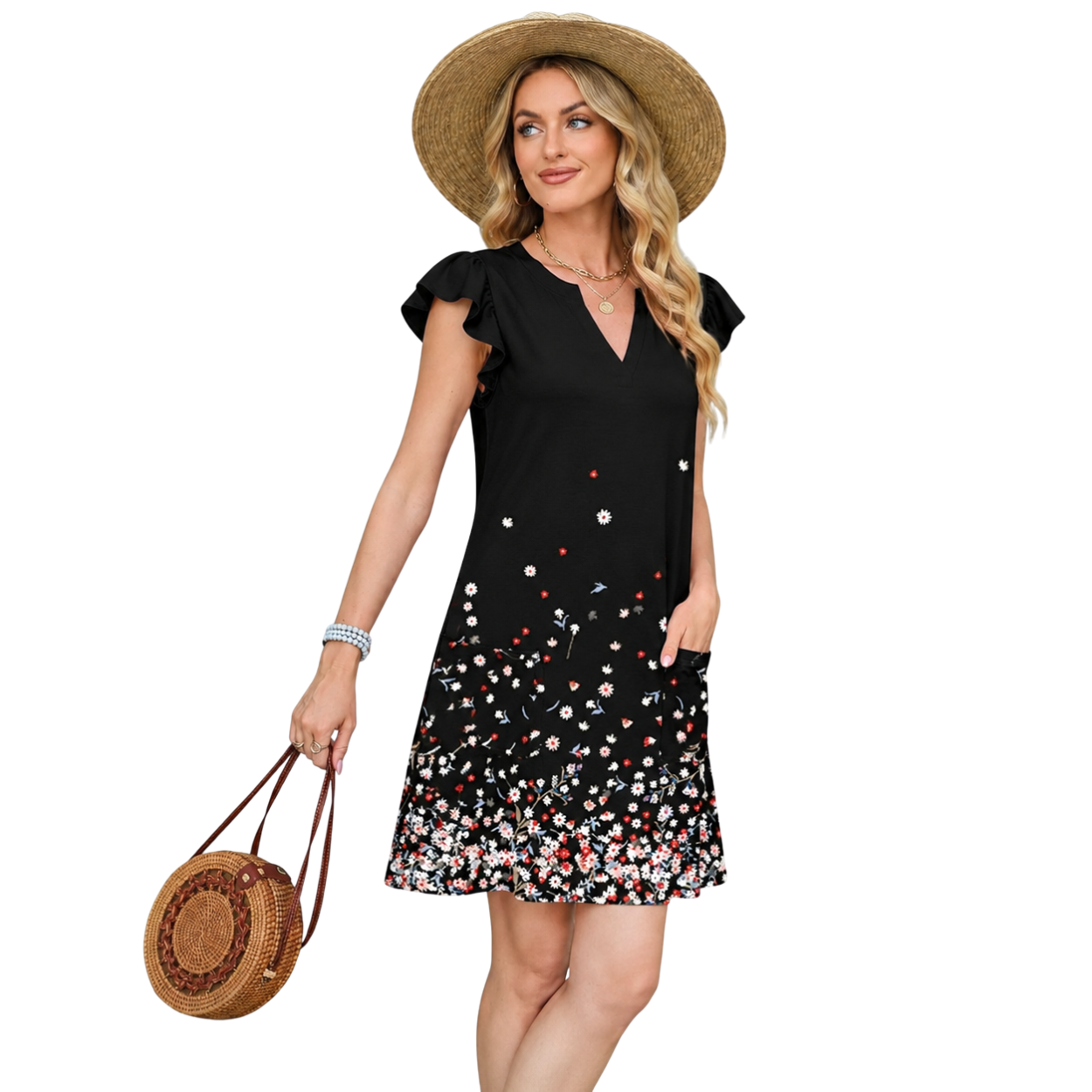 Casual Ruffle Sleeve Swing Dress With Pockets For Women