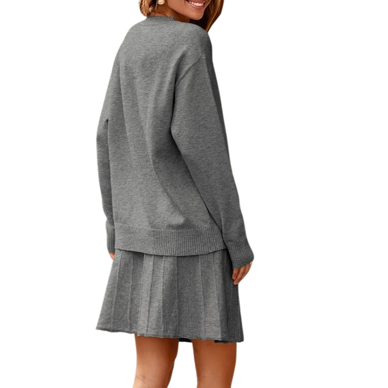 Womens Skirt 2 Piece Sweater Set Long Sleeve Crewneck Sweaters Pleated Mini Skirt Knit Lounge Sets