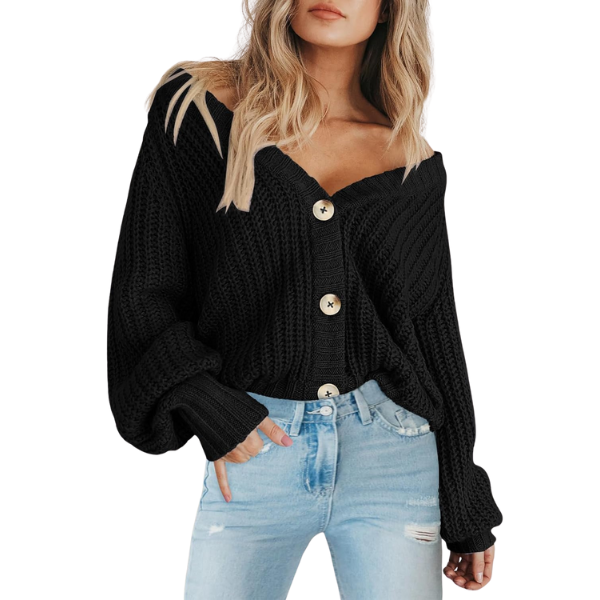 Women's Chunky Knit Open Front Sweater Long Sleeve Button Loose Short Cardigan Outerwear Coats