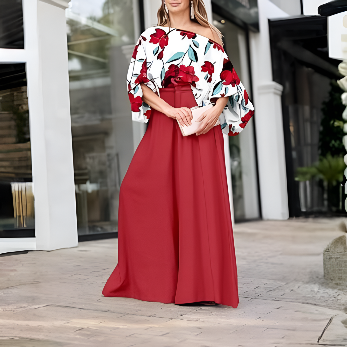 Two Piece Set With Flowy Pants And Top For Women With lantern Sleeve