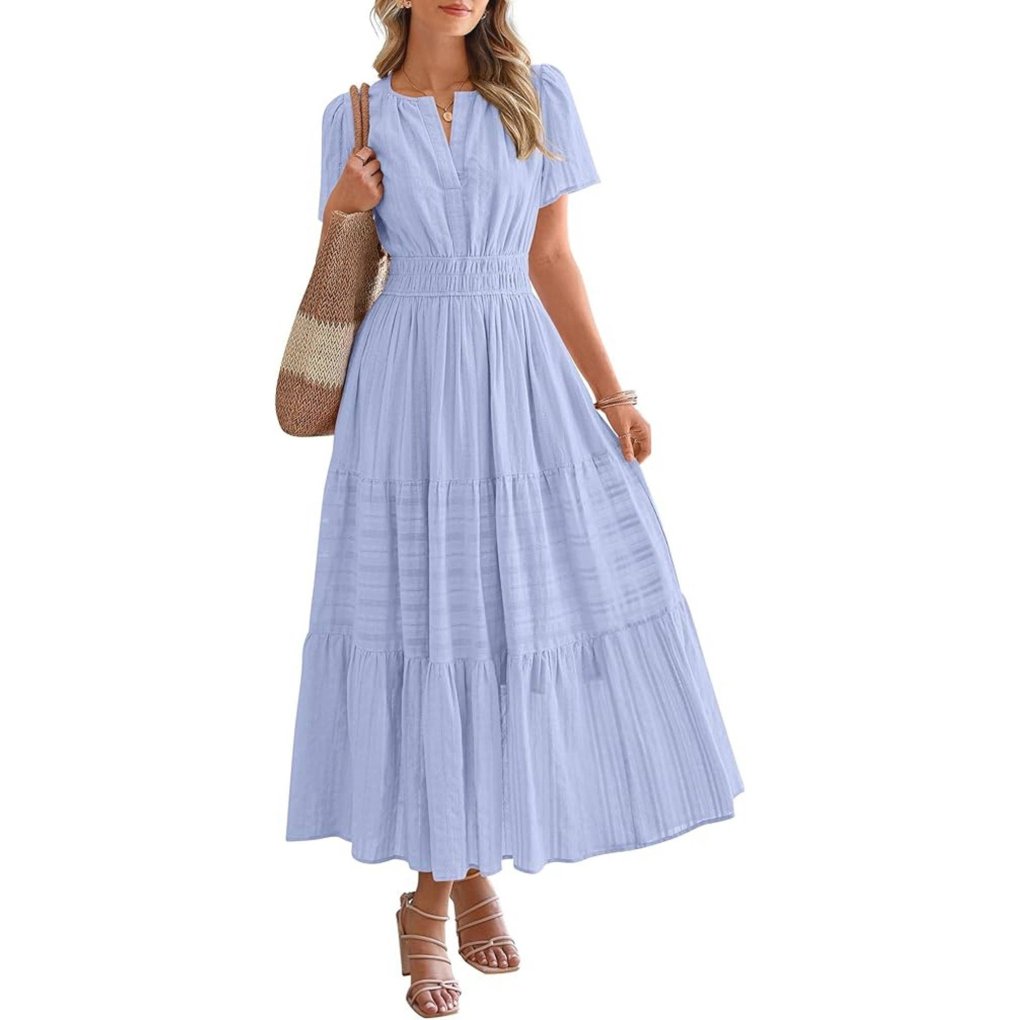 Womens Summer 2026 Casual Midi Maxi Dresses Lightweight Short Sleeve V Neck Elastic Waist Boho Beach Dress Pockets