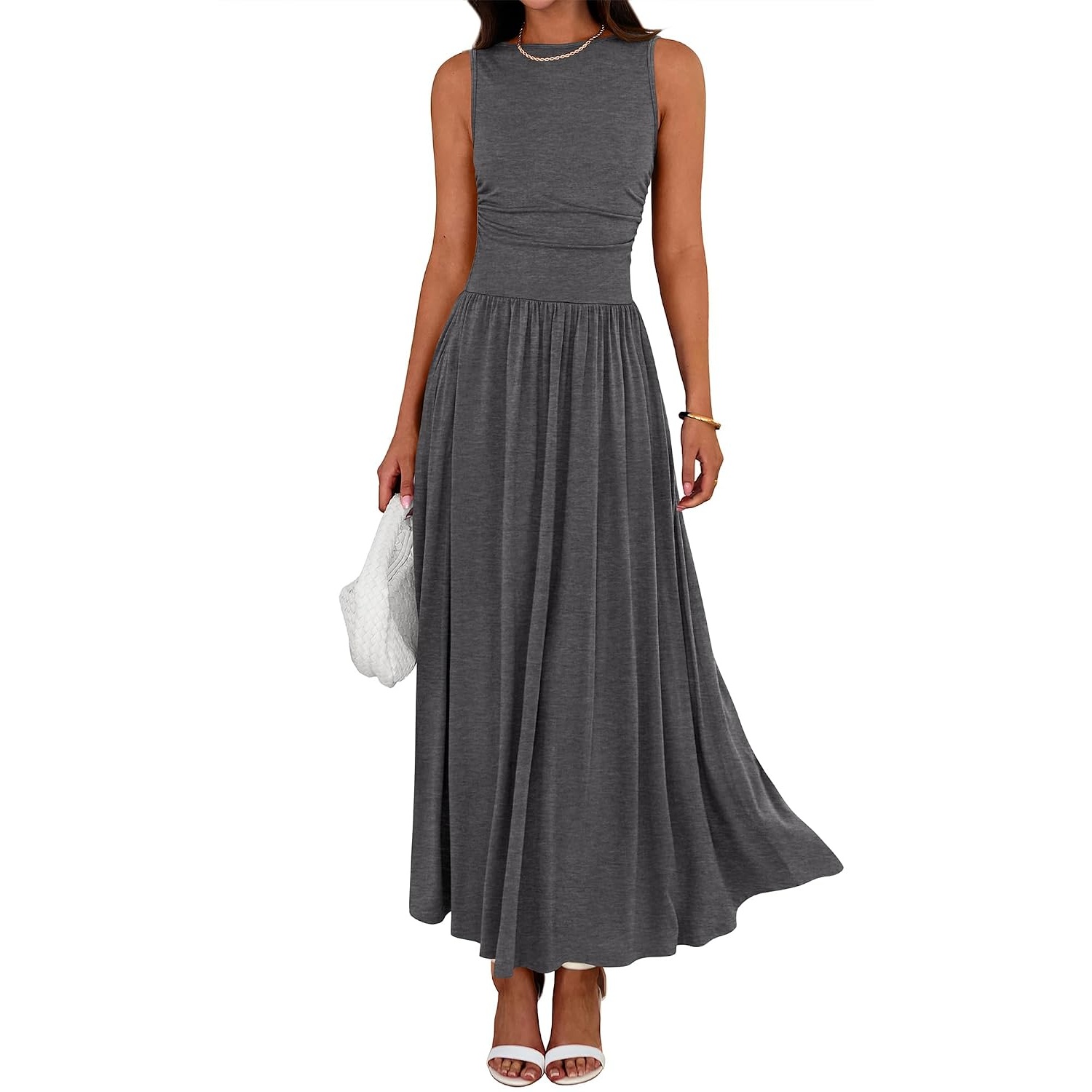 Casual Sleeveless Ruched High Rise Long Dress For Women