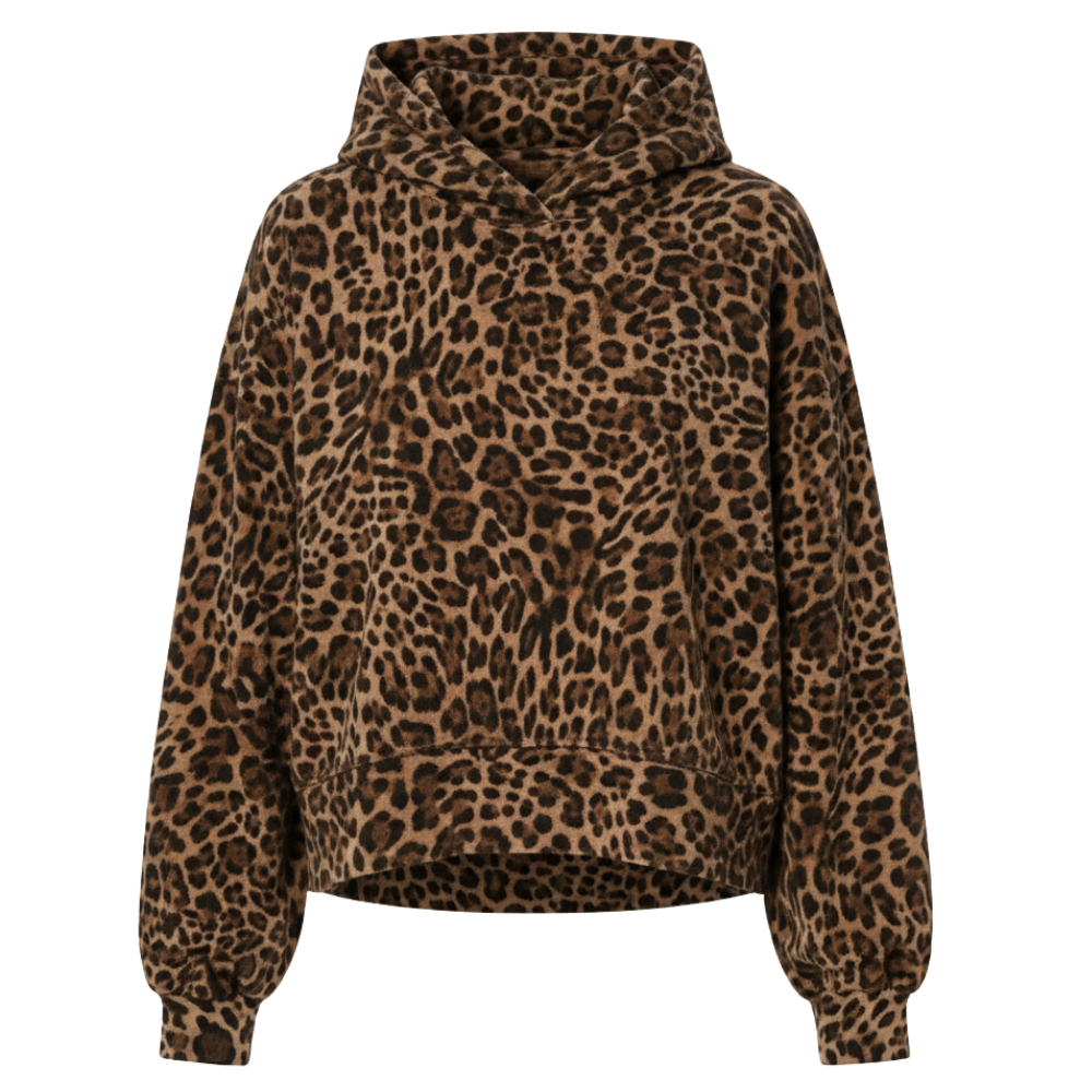 Leopard Print Fleece Hoodie With Embroidered Text