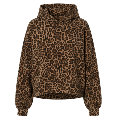 Leopard Print Fleece Hoodie With Embroidered Text