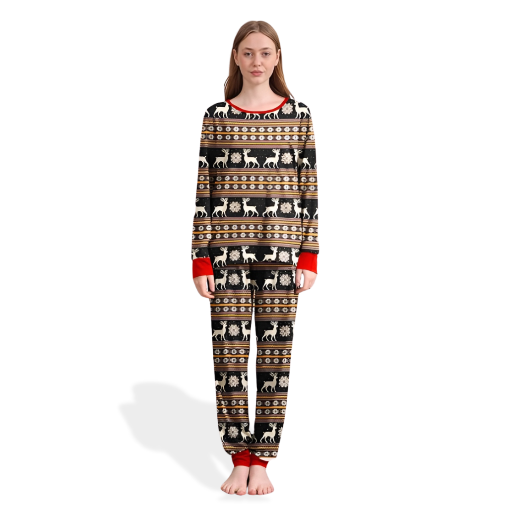 Reindeer Snowflake Knit Pattern Pajama Set with Long Sleeve Tops and Loungewear