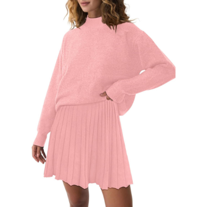 Women's Two Piece Outfits Turtleneck Long Sleeve Ribbed Knit Tops Pleated Mini Skirt 2026 Casual Sweater Sets