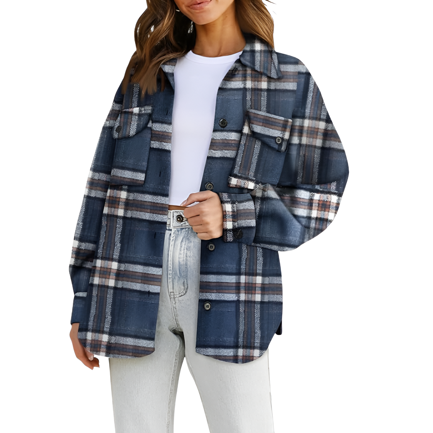 Plaid Flannel Shacket With Long Sleeve Button Down Style For Women