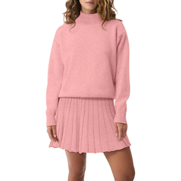 Women's Two Piece Outfits Turtleneck Long Sleeve Ribbed Knit Tops Pleated Mini Skirt 2026 Casual Sweater Sets