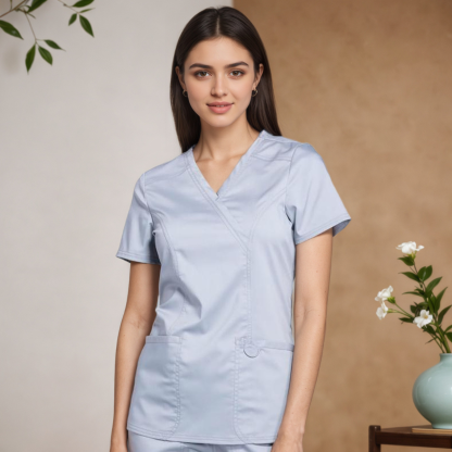 Women Scrubs Mock Wrap Top With 3 Pockets