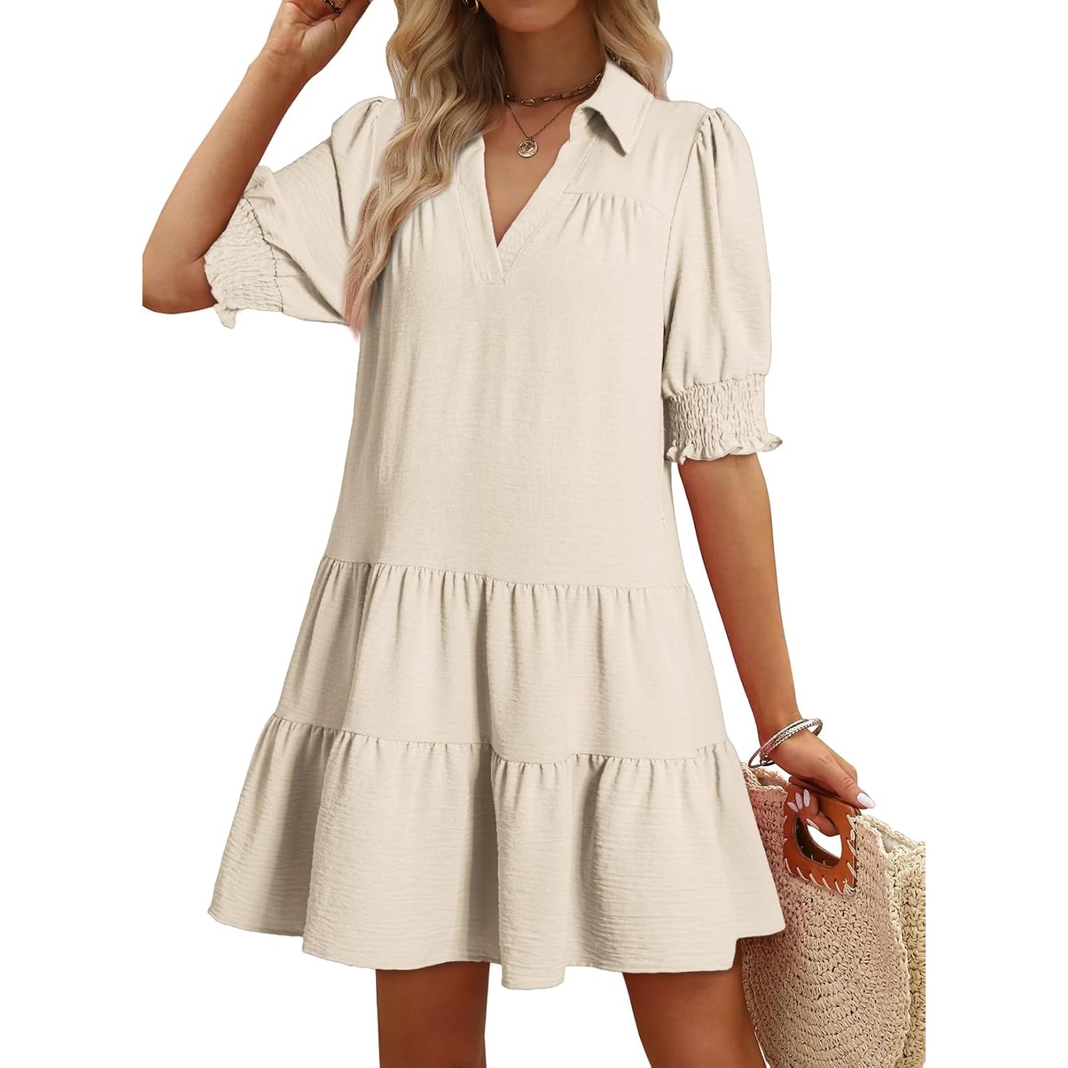 Casual Pleated Summer Lapel Collared Mid Sleeved Dress