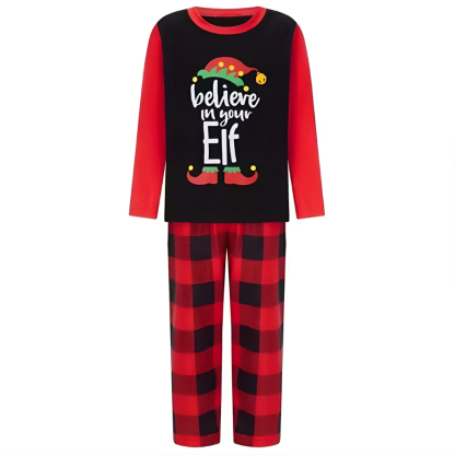 Christmas Letter and Plaid Printed Long Sleeve Tee and Bottom Loungewear Family Matching Pajama Sets