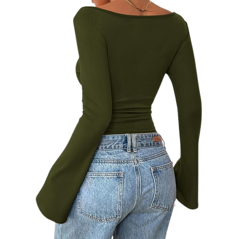 Ribbed Crop Top With Long Bell Sleeve For Women