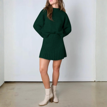 2 Piece Ribbed Knit Puff Sleeve Sweater Top And Mini Skirt Outfit Set