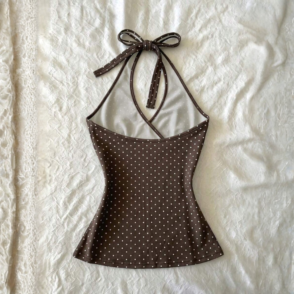 Polka Dot Digital Print Halter Neck Tie Back Tank Tops