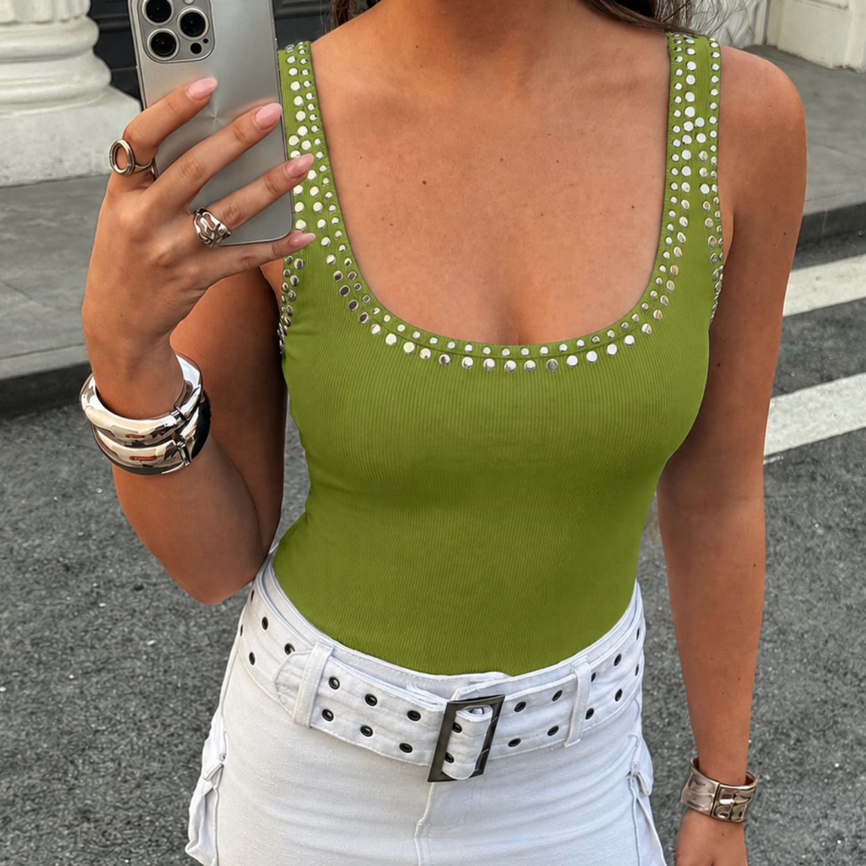 Sleeveless Camisole Top With Rivet Accent For Women
