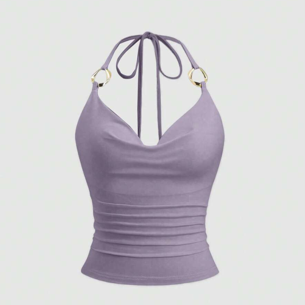 Ring Decor Draped Neck Tie Strap Tank Top