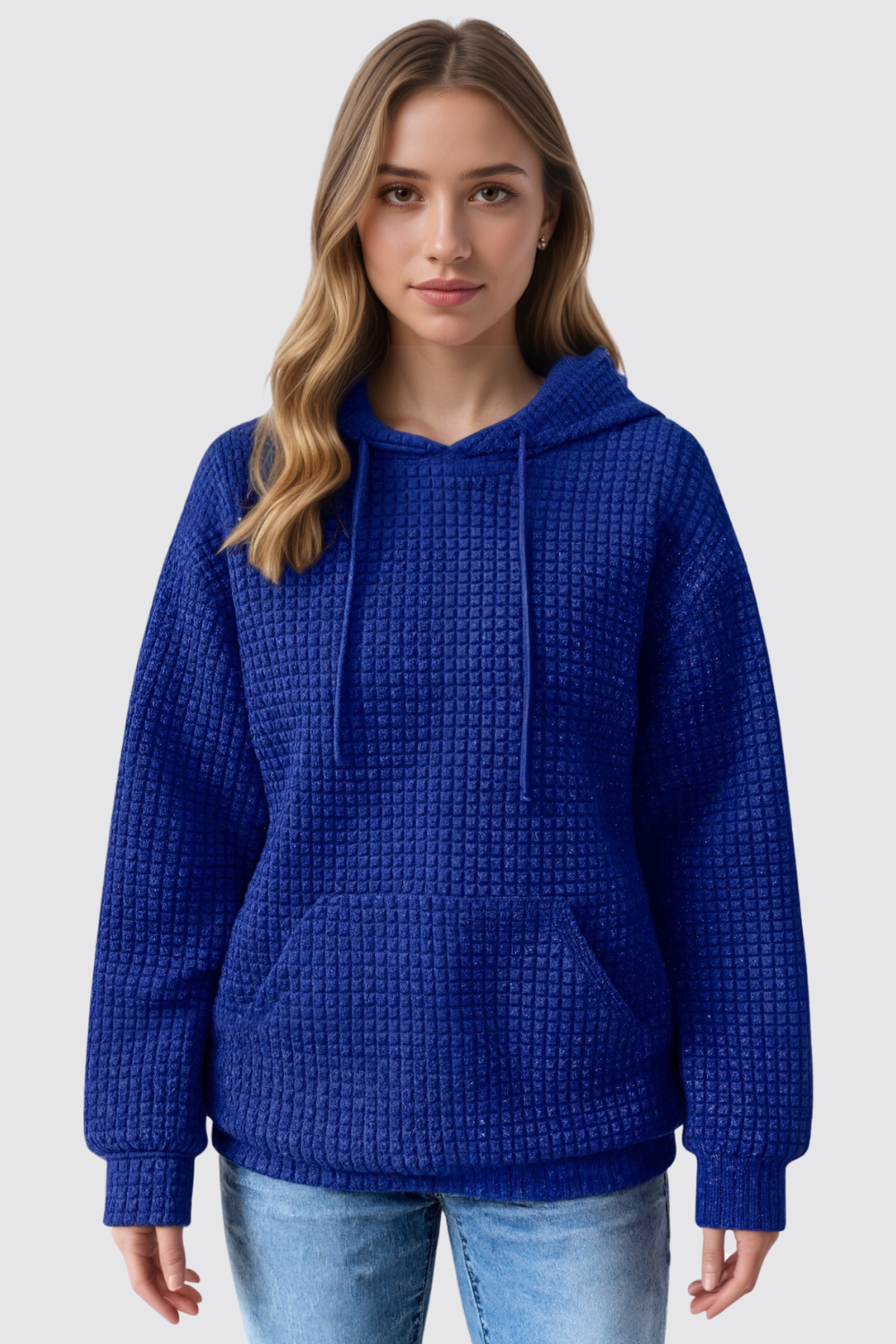 Casual Long Sleeve Drawstring Waffle Pullover Hoodie