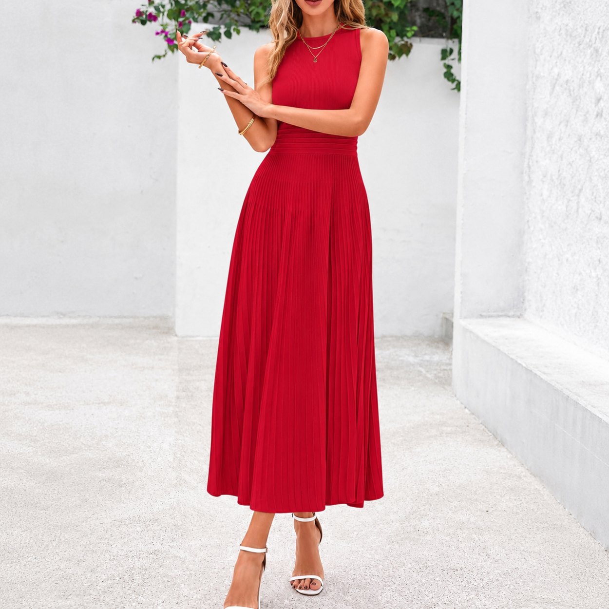 Casual Sleeveless Midi Dress With Pleated Design For Women